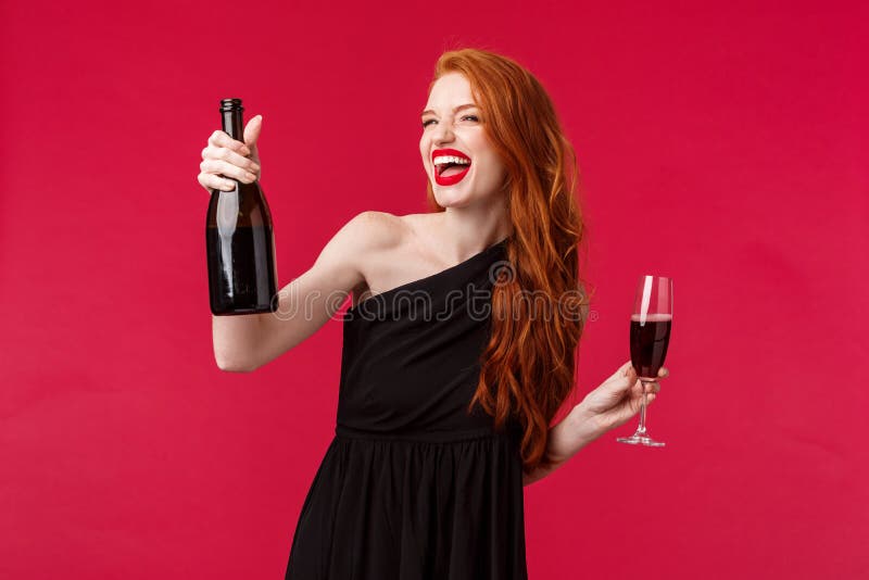 Carefree Excited Beautiful Redhead Woman Celebrating Night Out With