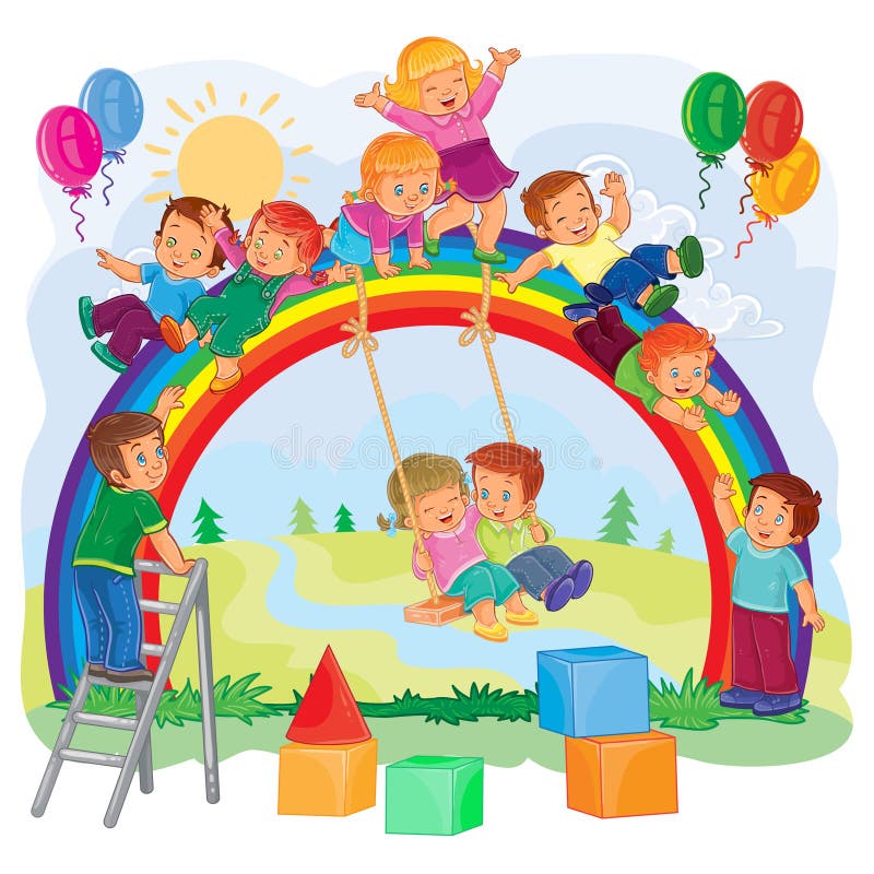 Carefree young children playing on the rainbow vector illustration