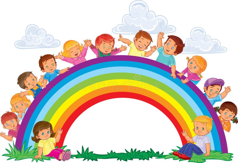 Carefree young children and rainbow vector illustration