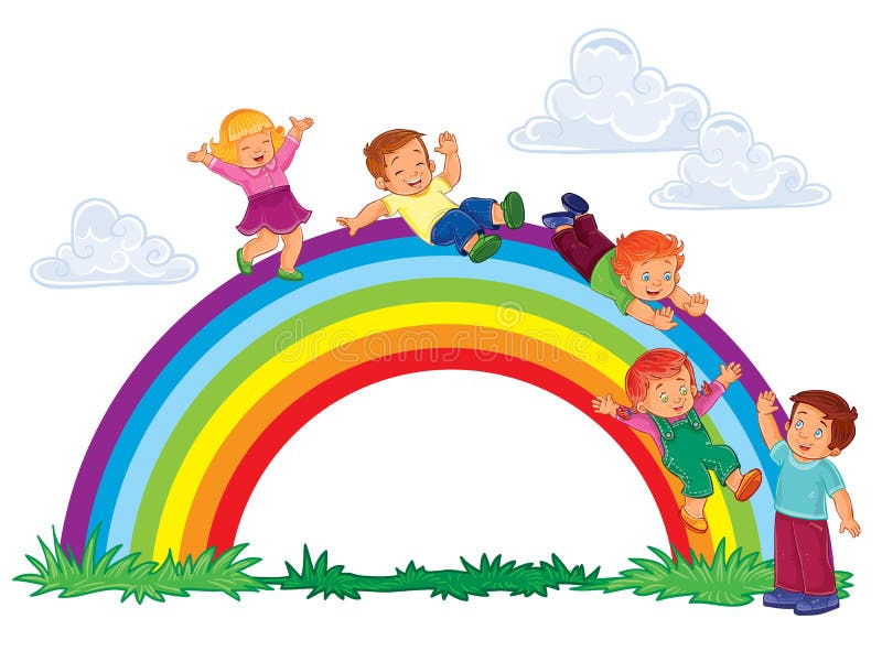 Carefree young children slide down the rainbow royalty free illustration