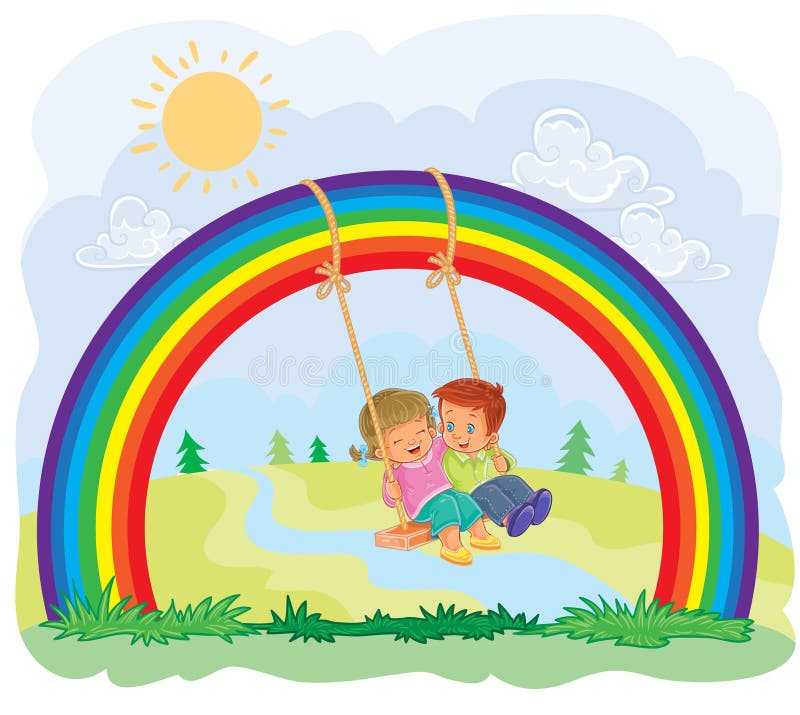 Carefree young children swinging on the rainbow stock illustration