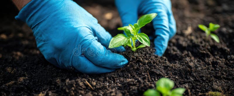 The careful hands planting a fresh green seedling in rich soil.. image royalty free stock images.