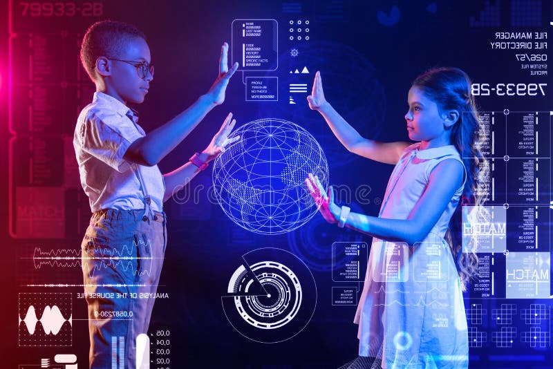 Careful kids making the hologram of the Earth while studying royalty free stock photos Careful kids making the hologram of the Earth while studying royalty free stock photos