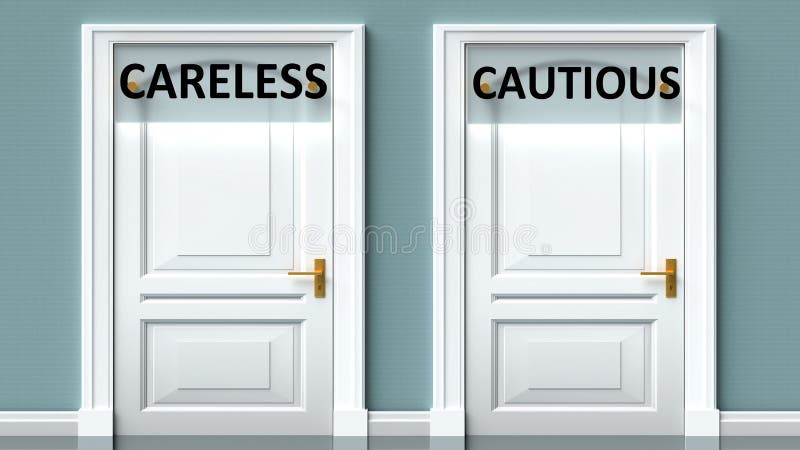 Careless and cautious as a choice - pictured as words Careless, cautious on doors to show that Careless and cautious are opposite