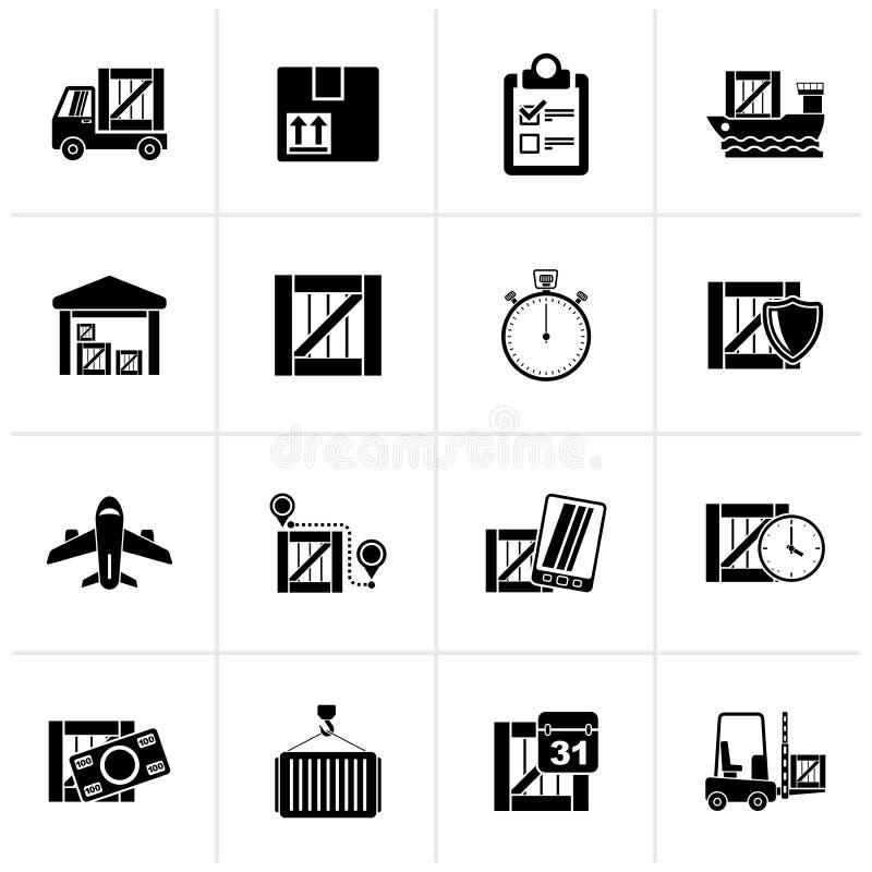 Carga preta, transporte, logística e ícones da entrega ilustração royalty free Carga preta, transporte, logística e ícones da entrega ilustração royalty free