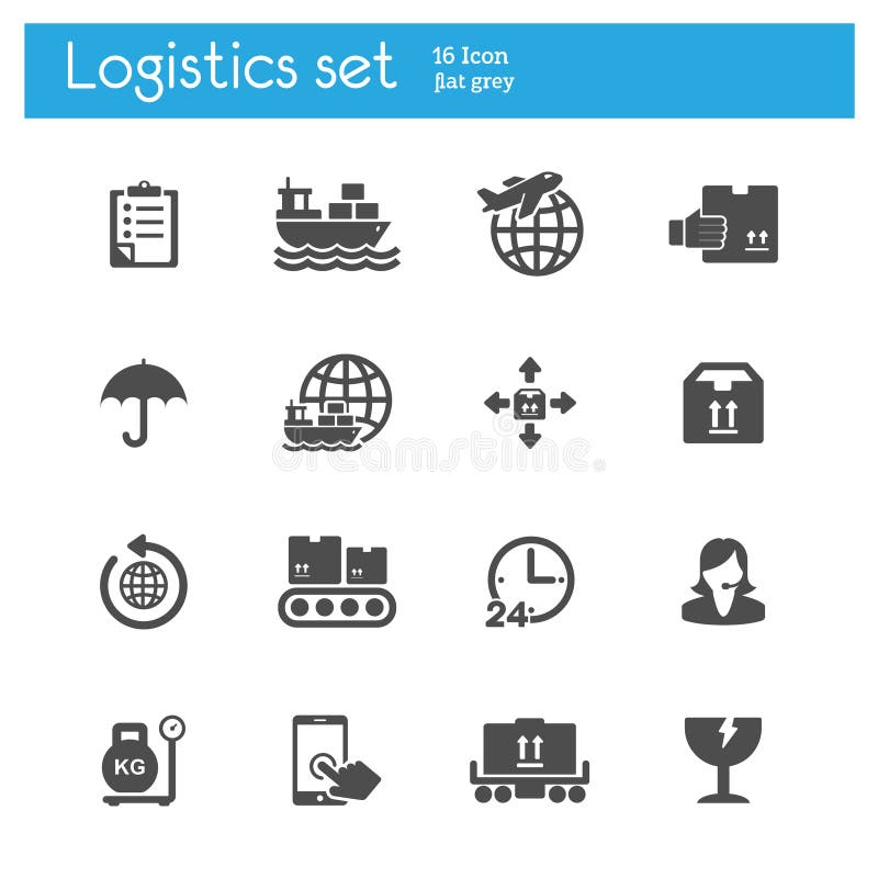 A carga, transporte, ícones cinzentos lisos da logística ajustou-se de 16 ilustração royalty free A carga, transporte, ícones cinzentos lisos da logística ajustou-se de 16 ilustração royalty free