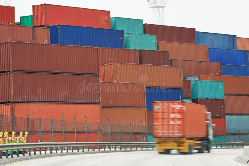 Cargo container boxes in dock terminal stock image