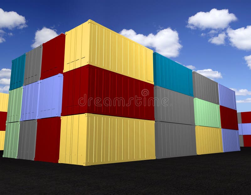 Stacked cargo containers with sky background