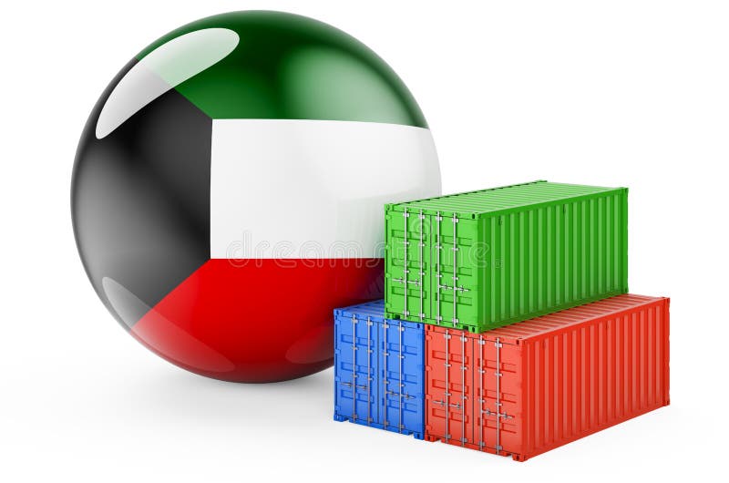 Cargo Containers with Kuwaiti Flag. Freight Shipping in Kuwait, 3D