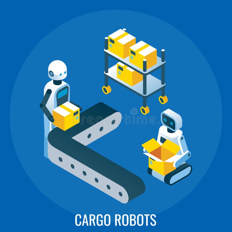 Automated line, cargo robots packing cardboard boxes, vector isometric illustration. Industrial automation and robotics. vector illustration