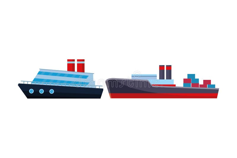 Cargo ship with container boxes and cruiseship vector illustration