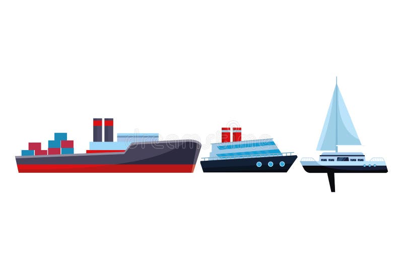 Cargo ship with container boxes cruiseship and sailboat stock illustration