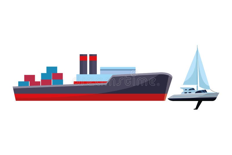 Cargo ship with container boxes and sailboat royalty free illustration