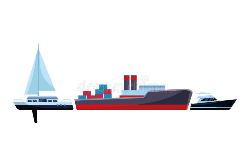 Cargo ship with container boxes sailboat and yatch vector illustration