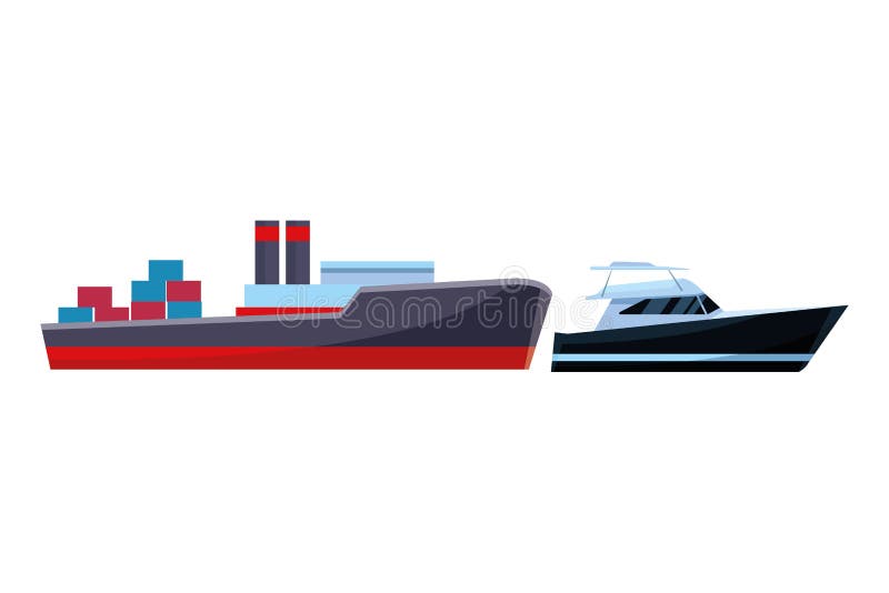 Cargo ship with container boxes and yatch vector illustration