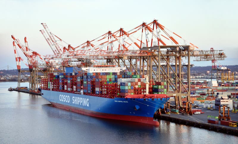 Cargo ship in the container terminal of Newark, NJ. stock images