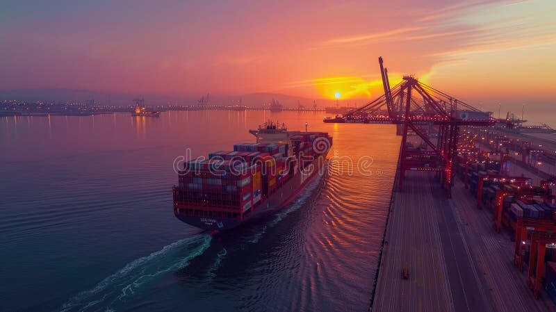 Cargoul aruncă macarale colorate în containere când intră într-un port internațional aglomerat la răsărit. royalty free stock photos