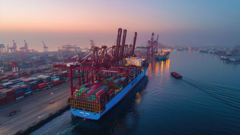 Cargoul aruncă macarale colorate în containere când intră într-un port internațional aglomerat la răsărit. stock photography