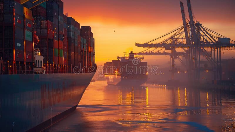 Cargoul aruncă macarale colorate în containere când intră într-un port internațional aglomerat la răsărit. royalty free stock images