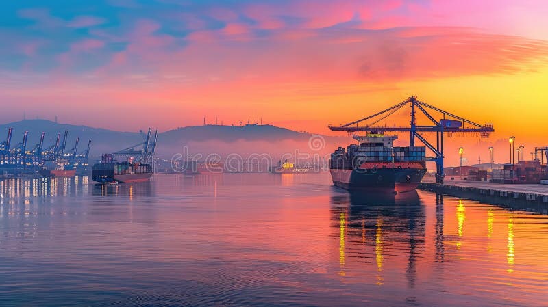 Cargoul aruncă macarale colorate în containere când intră într-un port internațional aglomerat la răsărit. stock images