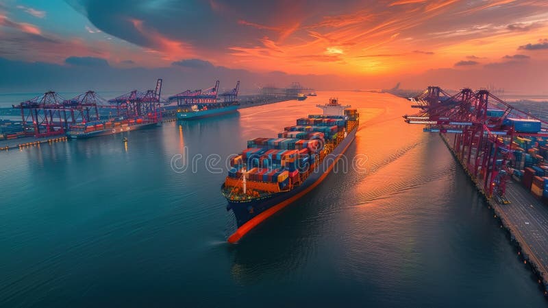 Cargoul aruncă macarale colorate în containere când intră într-un port internațional aglomerat la răsărit. stock images