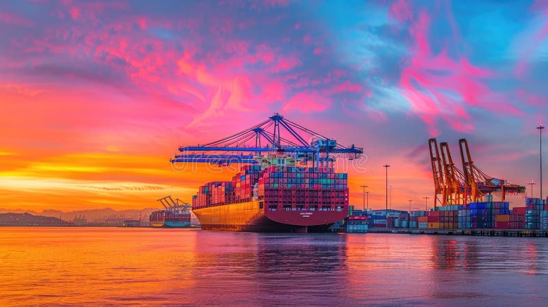Cargoul aruncă macarale colorate în containere când intră într-un port internațional aglomerat la răsărit. stock image
