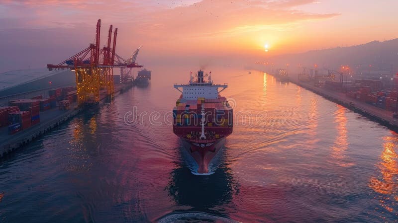 Cargoul aruncă macarale colorate în containere când intră într-un port internațional aglomerat la răsărit. stock photography