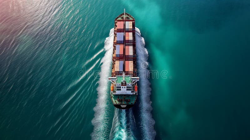 Cargo ship full of standard shipping containers at the sea during shipping at day time stock photography