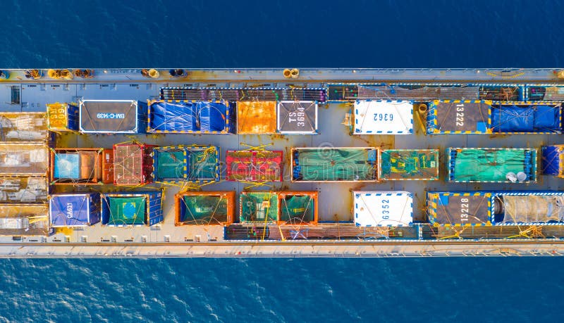 Cargo Ship loaded with large shipping crates, Aerial image royalty free stock image