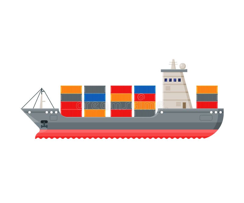 Cargo Ship, Side View, Water Transport, Sea or Ocean Transportation Vector Illustration