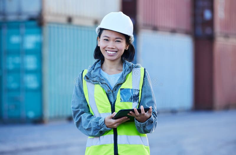 Cargo, shipping and warehouse woman manager on digital tablet at factory plant, logistics supply chain management. Portrait, happy and online ecommerce orders asian inspector control stock delivery.