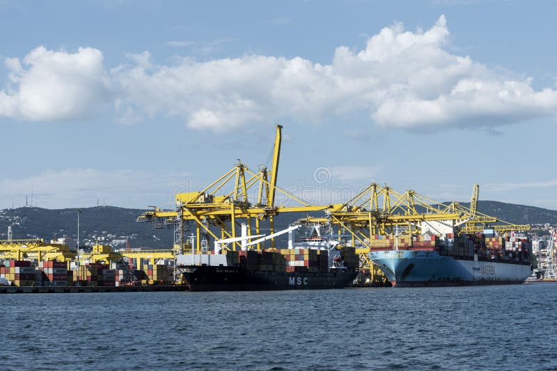 Cargo ships docked at Pier VII of the Port of Trieste loading:unloading containers stock images