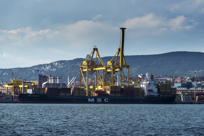 Cargo ships docked at Pier VII of the Port of Trieste loading:unloading containers stock photography