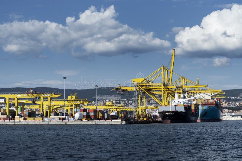 Cargo ships docked at Pier VII of the Port of Trieste loading:unloading containers royalty free stock images