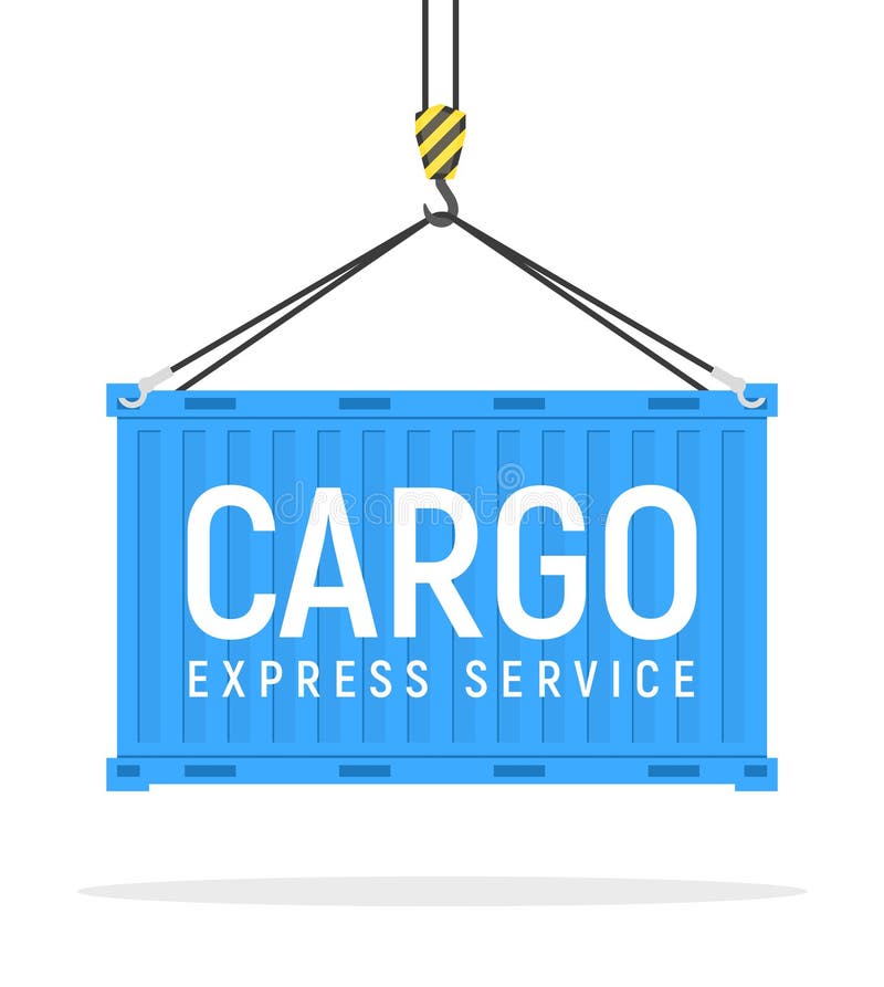 Cargo Vector Crane Blue Box Flat Illustration. Cargo Metal Box Storage