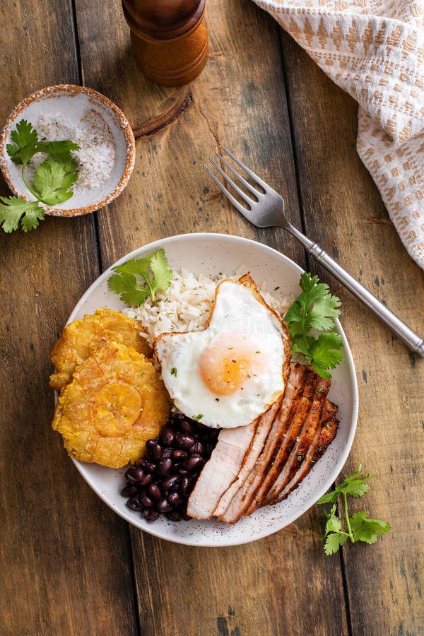 Caribbean or Latin American Breakfast with Rice, Beans and Pork Stock