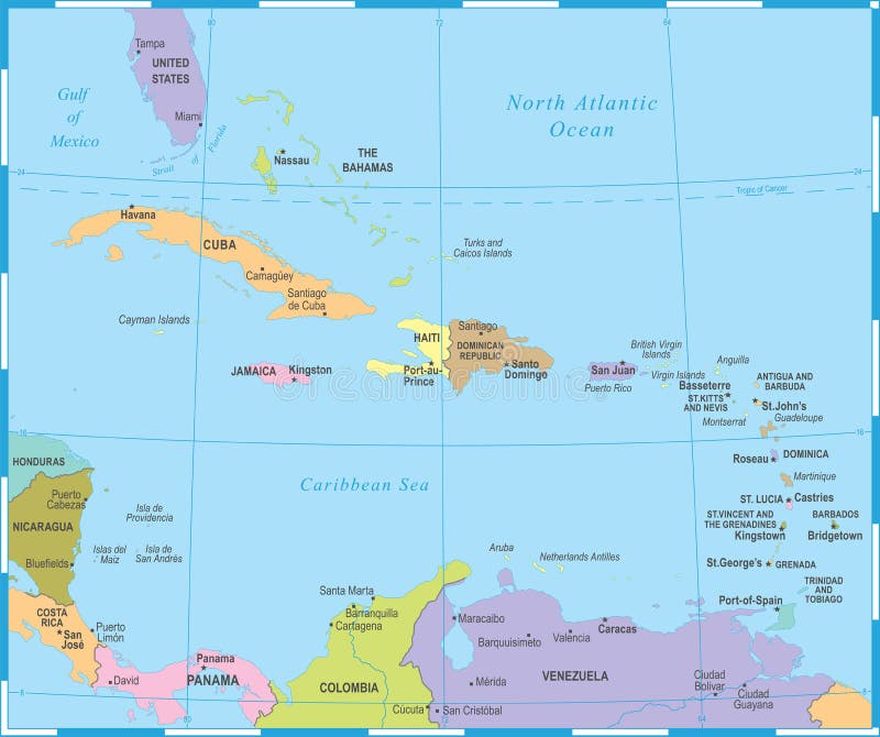 Central America and Caribbean States Political Map in Four Shades of ...