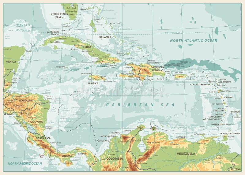 The Caribbean Physical Map Stock Vector Illustration Of Geography Caribbean Physical Map Retro Colors Caribbean Physical Map Retro Colors Highly Detailed Vector Illustration 107642031