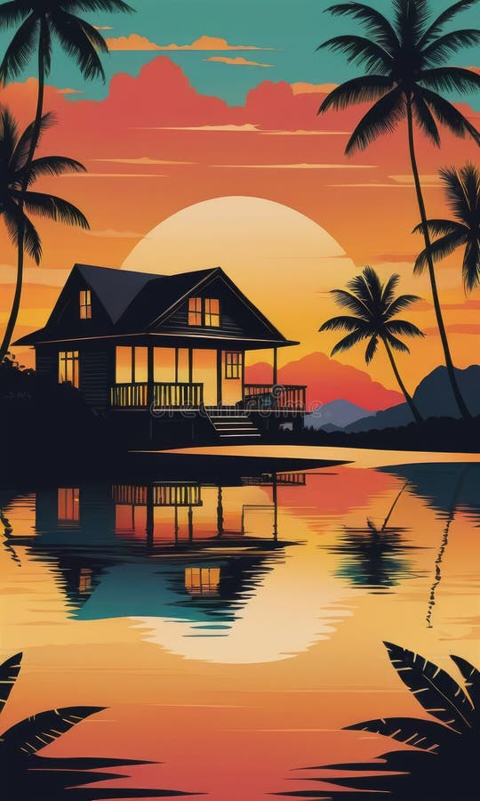 Caribbean Sunset Serenity: Bungalow Silhouettes in Reflective ...