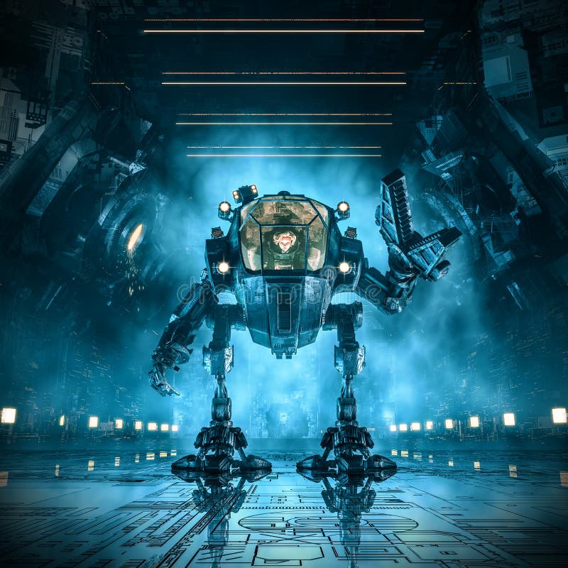 3D illustration of science fiction scene with female astronaut controlling heavy industrial mech robot inside dark industrial space ship corridor. 3D illustration of science fiction scene with female astronaut controlling heavy industrial mech robot inside dark industrial space ship corridor