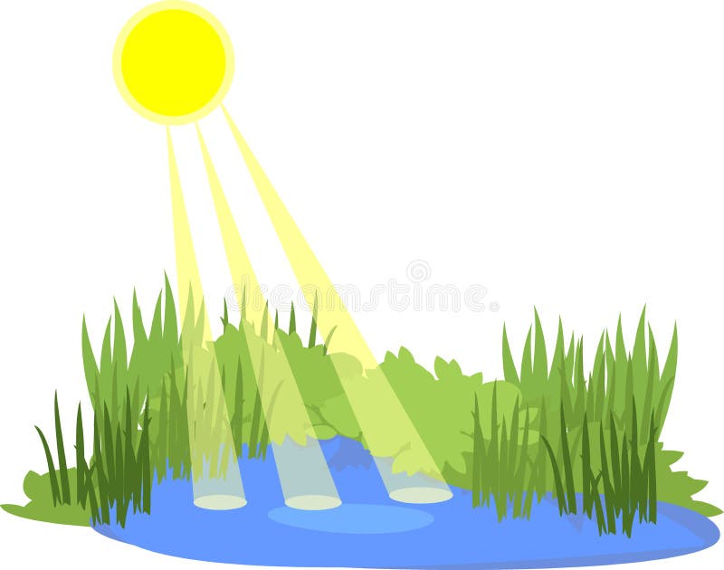 Caricatura abstracta estanque azul con hierba verde y sol amarillo con rayos aislados en blanco stock de ilustración