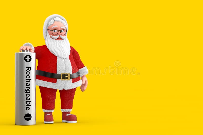 Cartoon Cheerful Santa Claus Granpa with Rechargeable Battery on a yellow background. 3d Rendering. Cartoon Cheerful Santa Claus Granpa with Rechargeable Battery on a yellow background. 3d Rendering
