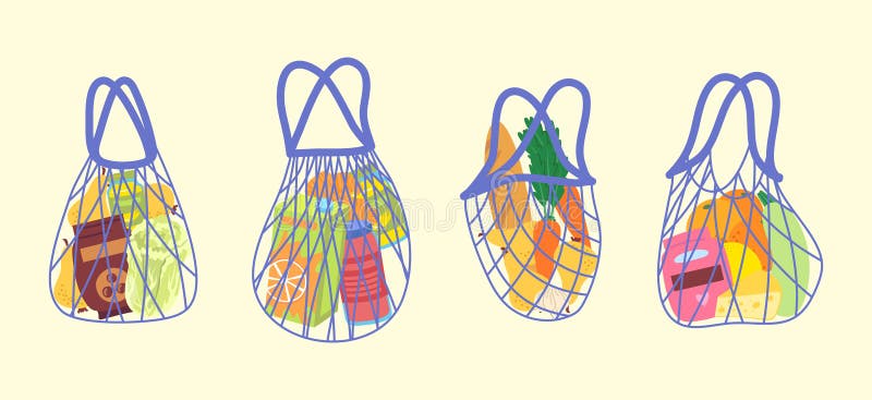 Caricatura Bolsas de cadena de compra de diferentes colores con productos definidos. Vector stock de ilustración