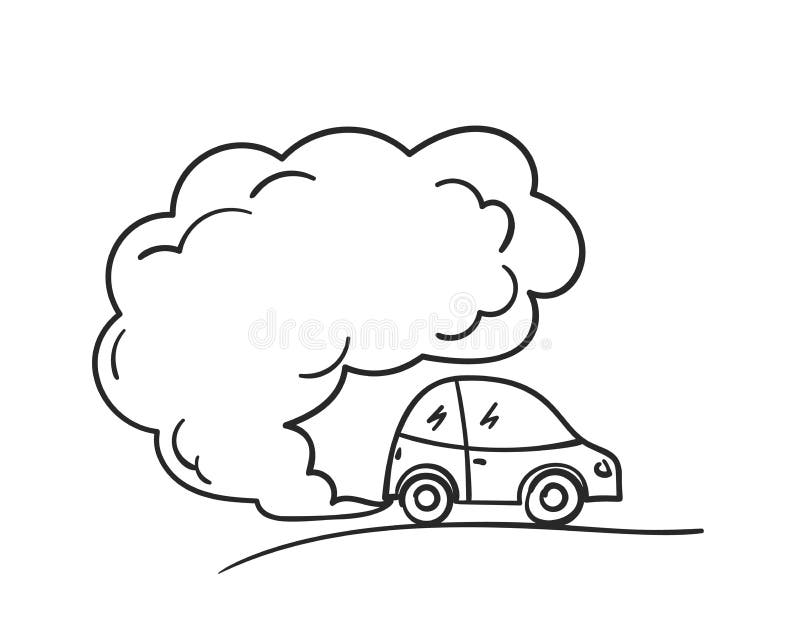 Caricatura coche soplando gases de escape doodle nube de humo procedente del automóvil concepto ambiental de la contaminación