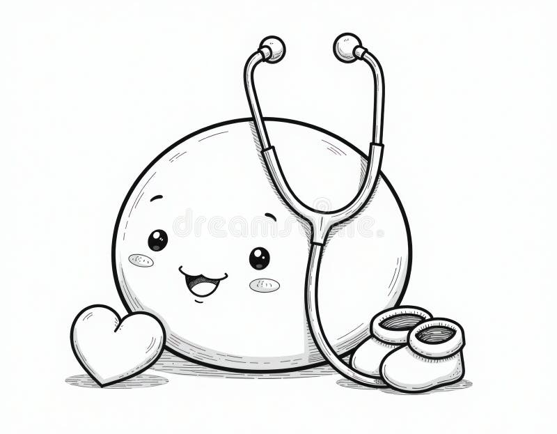 Caricatura corta Belly preñada con Stethoscope el corazón y los bebés Booties Anuncio de embarazo Ilustración ilustración del vector