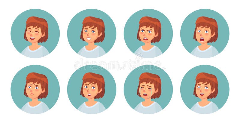 Caricatura de emociones femeninas. Carácter femenino emoción facial, mujer sonriente feliz y retrato facial enojado vector ilustración del vector Caricatura de emociones femeninas. Carácter femenino emoción facial, mujer sonriente feliz y retrato facial enojado vector ilustración del vector
