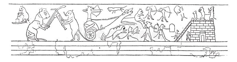 Caricatura de gatos y ratas en lucha contra el grabado vintage de egipto antiguo fotos de archivo libres de regalías
