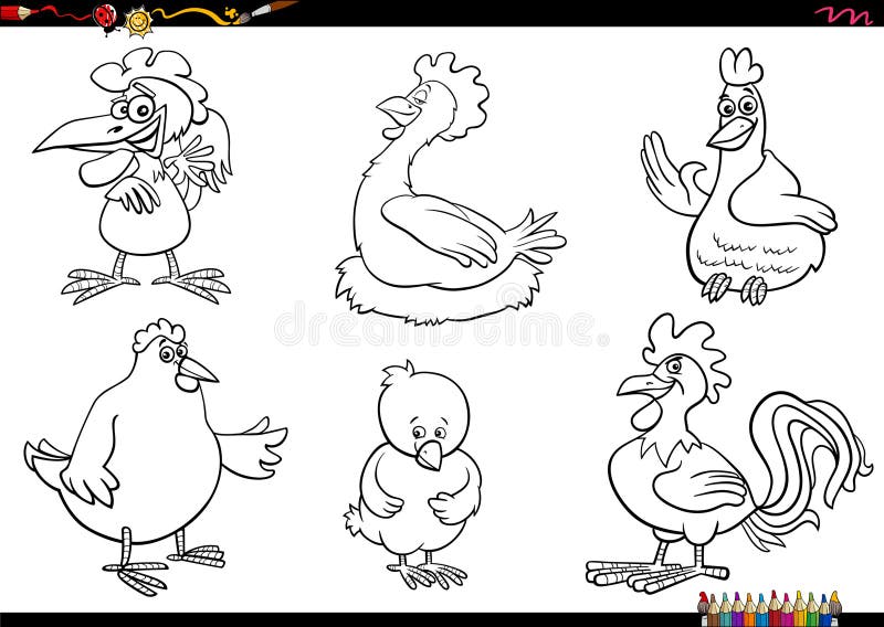  Caricatura De Pollos De Granja De Animales Página De Color Ilustración del Vector