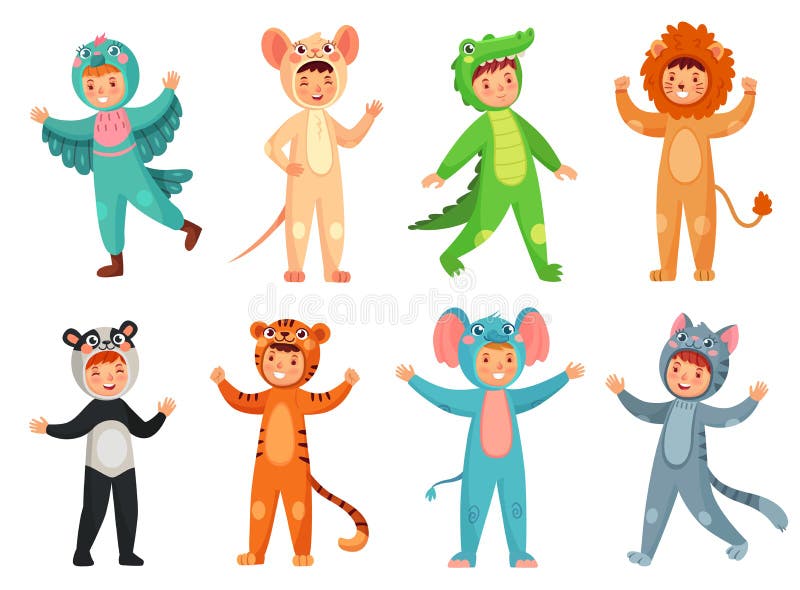 Caricatura de trajes de animales de bebé Muchacha linda con disfraz de panda, niño con traje de elefante y vectorial de mascota d ilustración del vector Caricatura de trajes de animales de bebé Muchacha linda con disfraz de panda, niño con traje de elefante y vectorial de mascota d ilustración del vector