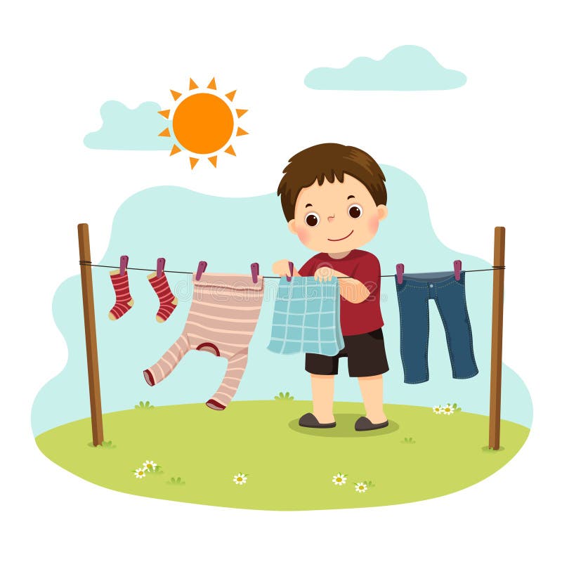 Caricatura de una niña doblando la ropa. niños haciendo tareas domésticas  en concepto de hogar.